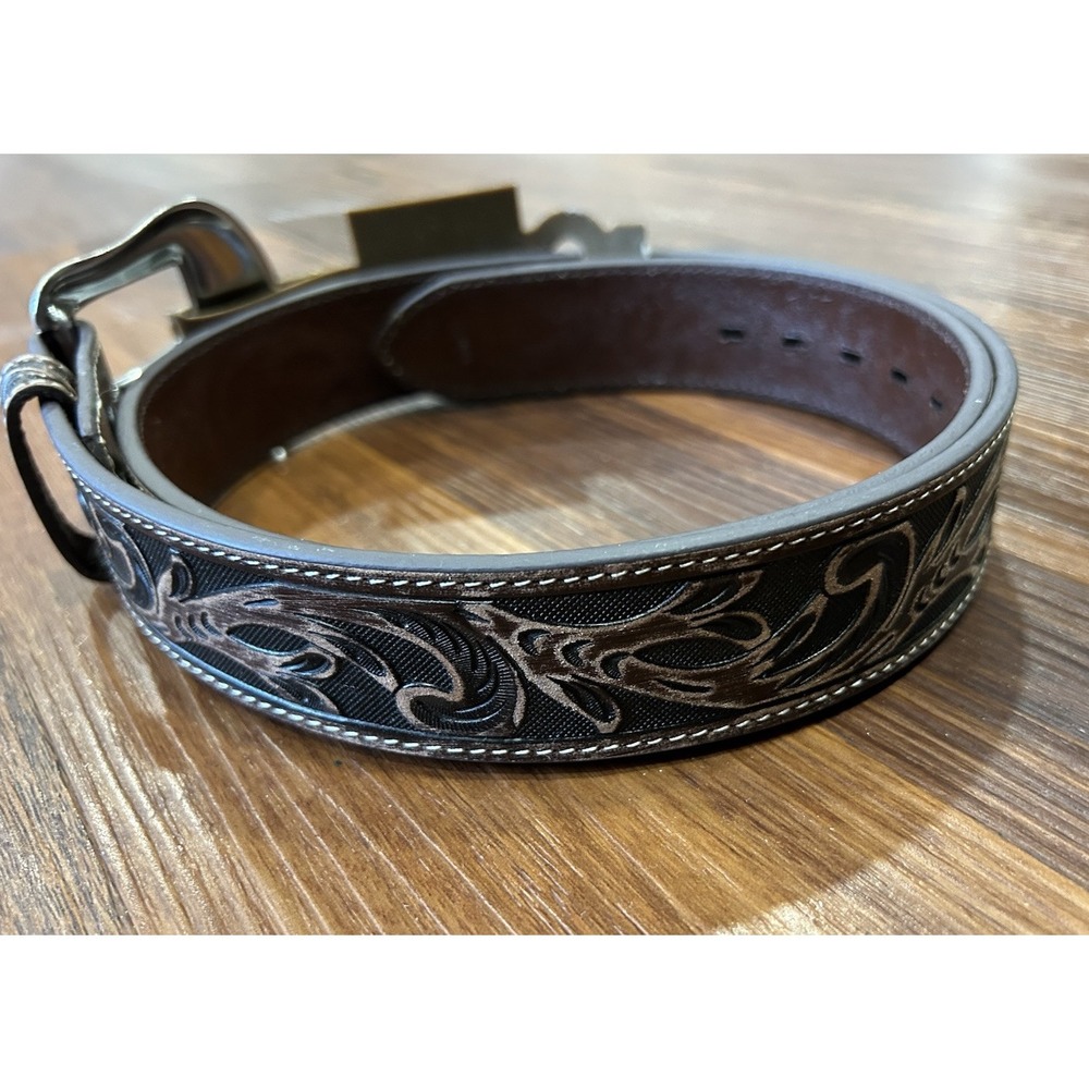 Roper Tooled Dark Brown Mens 34 Belt With Replaceable Silver Buckle - Picture 12 of 12
